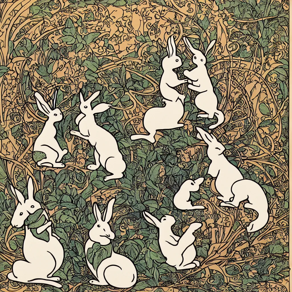Image similar to Two rabbits playing chess in the art nouveau style