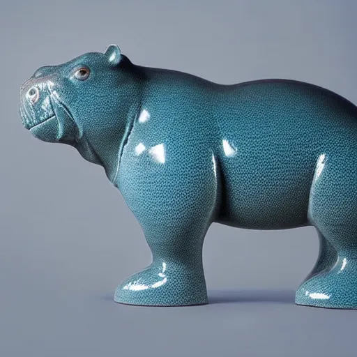 Prompt: a smooth glossy museum - quality hippopotamus made of polished wood and teal blue ceramic, hd photograph, matte gray background