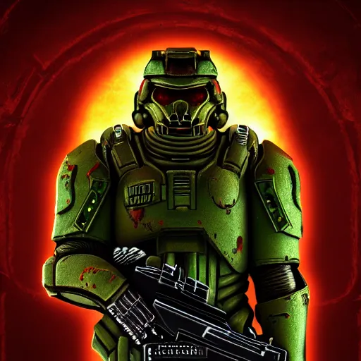 Image similar to portrait of doomguy from game doom, highly detailed, 8 k render centered, digital painting