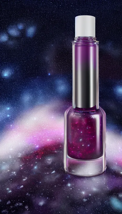 Prompt: a beautiful bottle of nail polish filled with a galaxy, insane, intricate, highly detailed, Zeiss Lens, smooth, sharp focus, Unreal Engine 5, Octane Render, Redshift, 8K
