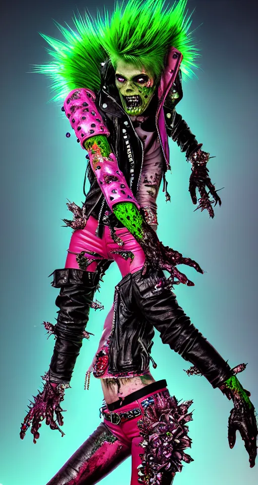 Prompt: action shot of a punk rock zombie with green skin and pink crystal mohawk, red leather jacket, covered in florals and gems, digital art, octane render, fantasy, photorealistic, cinematic lighting, art by hajime sorayama, wayne barlowe, boris vallejo