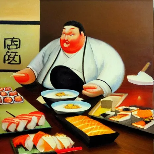 Prompt: huge fat man stuffing himself full of sushi at a sushi buffet, oil painting in a style of dutch masters