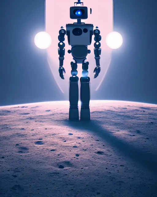 Image similar to a robot standing in front of a glowy open door that's on a barren moon, poster art by mike winkelmann, trending on cg society, space art, sci - fi, ue 5, futuristic, volumetric lighting, light casting onto the ground, neat composition and camera angle