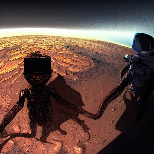 Image similar to alien taking a selfie on mars, dramatic lighting, cinematic, establishing shot, extremly high detail, photorealistic, cinematic lighting, artstation, style by James Gurney