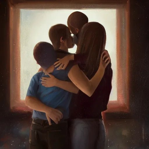 Prompt: A family hugging each other for the last time as the world is ending, meteors are falling from the sky, everything is on fire, dramatic lighting, oil on canvas, dramatic brushstrokes, very very very very very very beautiful, 8K, dark lighting, trending on Artstation, award winning