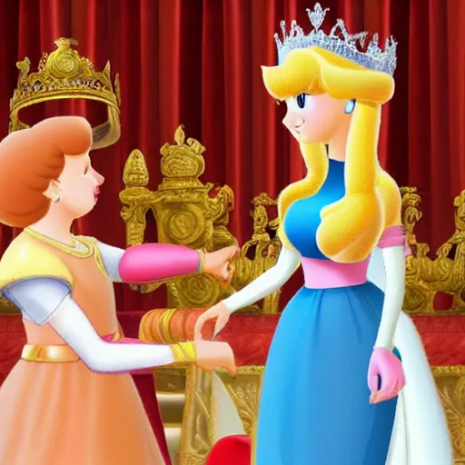 Prompt: young girl crowned princess peach from mario of the roman empire