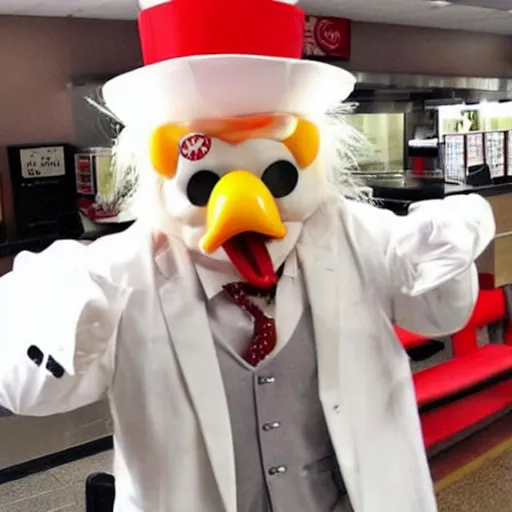 Image similar to anthropomorphic colonel sanders chicken abomination, working at kfc, real life photo,