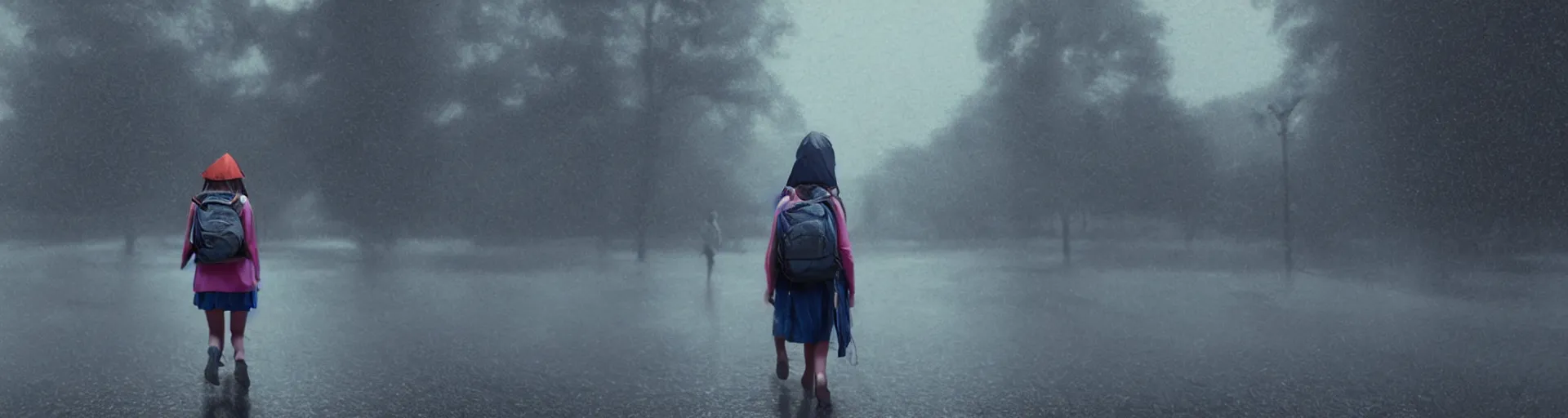 Image similar to girl with a backpack on her head walks in heavy rain, a shot from the movie, beeple - style cinematic