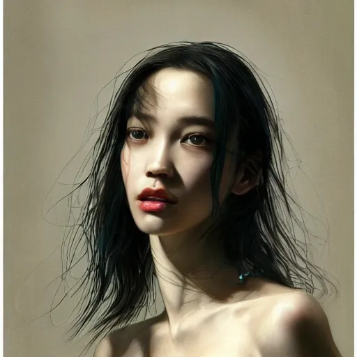 Image similar to Kiko Mizuhara, physically accurate, dramatic dynamic lighting, intricate, elegant, highly detailed, digital painting, artstation, very hyperrealistic, HR GIGER, Hieronymus Bosch, Francis Bacon, concept art, smooth, sharp focus, illustration, art by artgerm and greg rutkowski and alphonse mucha