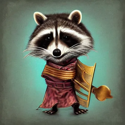 Prompt: a cute raccoon dressed as a knight, cute face, digital painting by Mark Ryden, cute and lovely, high detail,