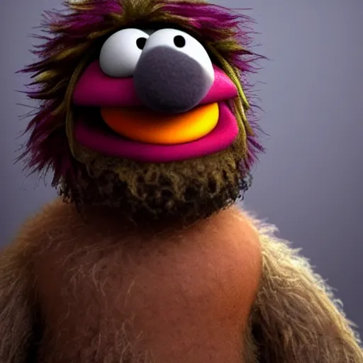 Image similar to a still of a forgotten muppet character looking very manly and modern, hilarious, laughing, hairy chest, huge chin, manly monster tough guy, roughled fur, photo real, photographic, photograph, artstation, trending, featured