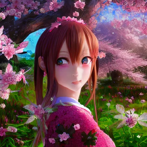 Image similar to 3d rendered anime girl with cherry blossoms as clothing in a flower garden, fantasy art, hyper realistic, detailed, ultra detailed, dynamic lighting, fantasy concept art