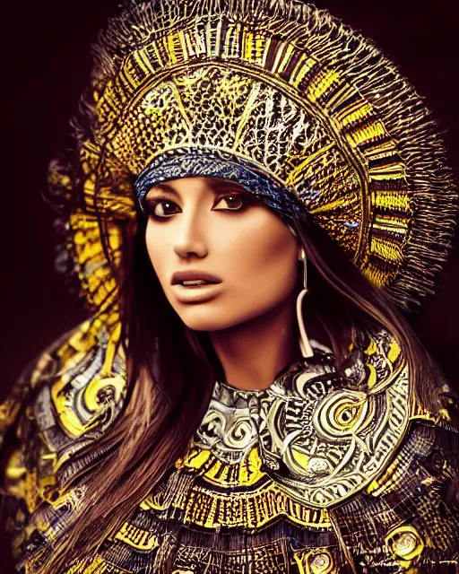 Image similar to hyper realistic portrait photo of beautiful mexican, aztec model, portrait shot, intricate detail, glittering sun rays