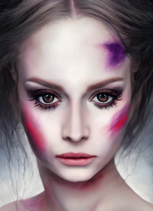 Image similar to hyper realistic, portrait, close - up, make up, dark witch, painting by ansell, mary jane, smooth, sharp focus