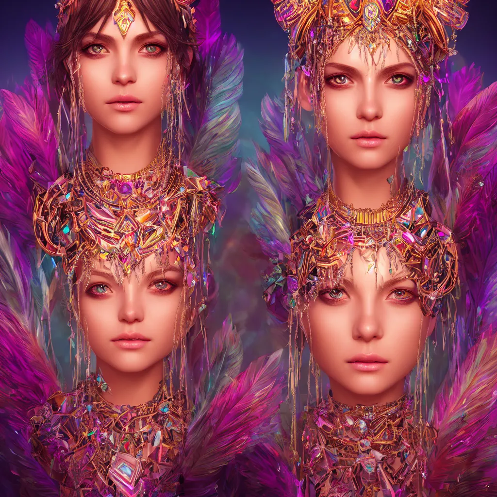 Image similar to portrait highly detailed beautiful symmetrical face high priestess intricate elegant detailed crystal jewellery with tribal feathers, lush colourful volumetric lighting, anime digital painting, concept art, smooth, sharp focus 3 d, divine realm of gods, realistic cinematic style, octane render, photographic, unreal engine 8 k