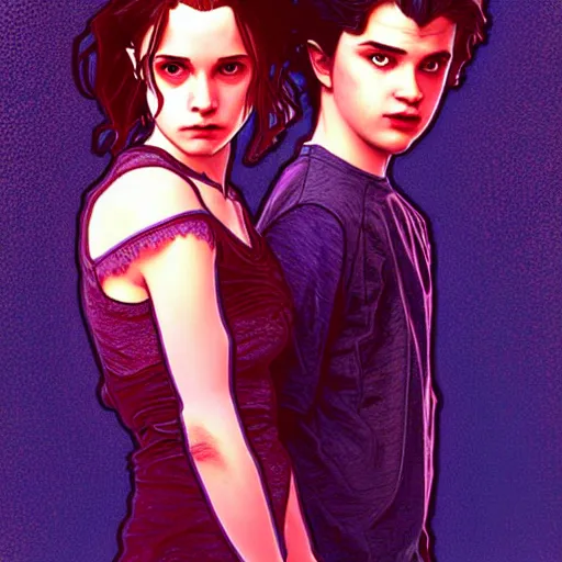 Image similar to Twilight version of Stranger Things, Portrait of Edward and Bella, diffuse lighting, fantasy, intricate, elegant, highly detailed, lifelike, photorealistic, digital painting, artstation, illustration, concept art, smooth, sharp focus, art by Alphonse Mucha