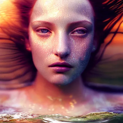 Prompt: photographic portrait of a stunningly beautiful siren renaissance female, in the water, in soft dreamy light at sunset, contemporary fashion shoot, by edward robert hughes, annie leibovitz and steve mccurry, david lazar, jimmy nelsson, extremely detailed, breathtaking, hyperrealistic, perfect face, octane render