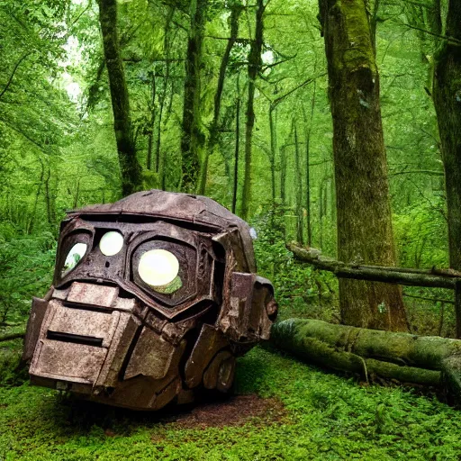 Image similar to in the style of ghostshrimp and laurie greasley a giant decaying robot head in an enchanting and lush forest that has been turned into a quaint house, highly detailed, 8k wallpaper