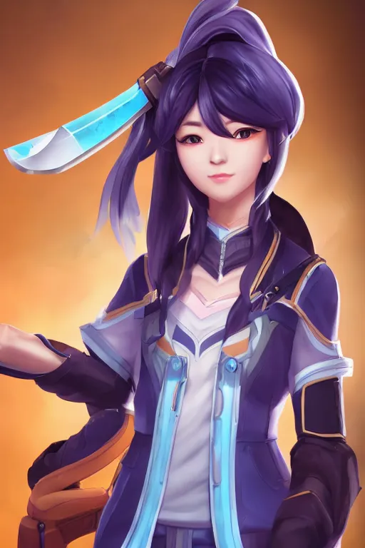 Prompt: a south korean female from paladins, white ponytail hair, she is holding a kunai, wearing light blue jacket, highly detailed digital art, character design, masterpiece