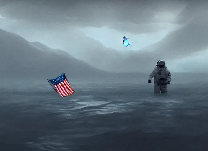 Image similar to astronaut holding a flag in an underwater desert. a submarine is visible in the distance. dark, concept art, cinematic, dramatic, atmospheric, 8 k, trending on artstation, blue, fish, low visibility, fog, ocean floor, christopher nolan, interstellar