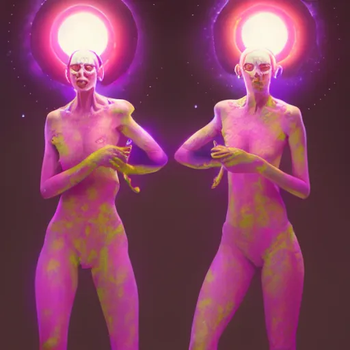 Prompt: cosmic twins, huggy wuggy from poppy playtime video game, fullbody, ultra high detailed, glowing lights, oil painting, greg rutkowski, charlie bowater, beeple, unreal 5, daz, hyperrealistic, octane render, rpg portrait, dynamic lighting, fantasy art, beautiful face