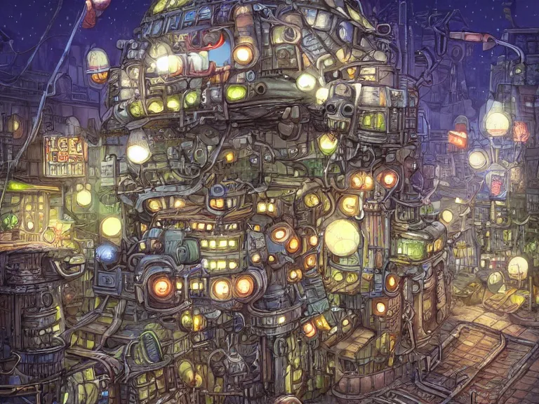 Image similar to fantasycore street view of futuristic machinarium tokyo at night by michael whelan and naomi okubo and dan mumford. cute ver.ka mecha machinarium robots. cel-shaded. glossy painting.