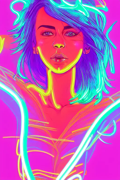 Image similar to a award winning half body portrait of a beautiful woman with stunning eyes in a croptop and cargo pants with hair like rainbow colored smoke by josan gonzales, outlined by whirling illuminated neon lines, outrun, vaporware, shaded flat illustration, digital art, trending on artstation, highly detailed, fine detail, intricate