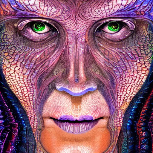 Image similar to dark underwater portrait of one Bioluminescent old woman, with cracked reaction diffusion semi-transparent skin. multicolored fish scales, face closeup. long dark hair. realistic. with many jellyfishes. intricate, very detailed, by alex grey and Moebius