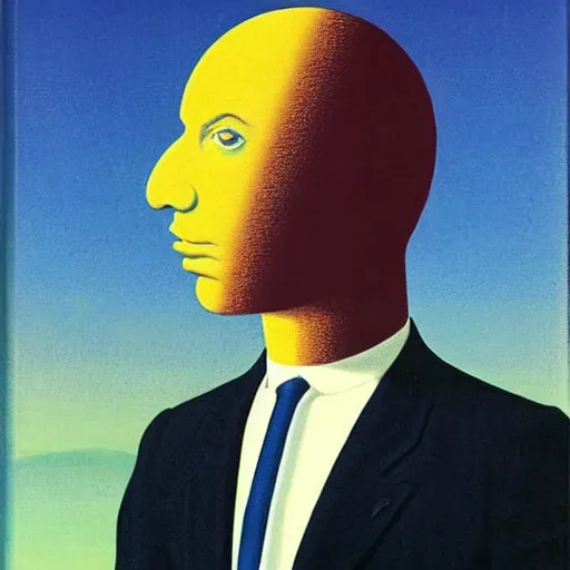 Image similar to a portrait of a well dressed business man, thehe planet saturn is his face!!!!!!, art by Rene Magritte