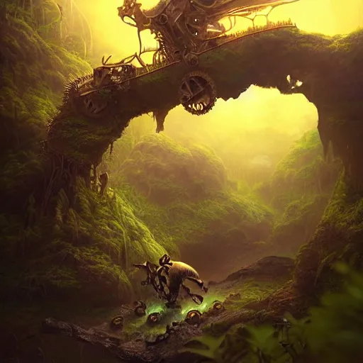 Prompt: gorgeous mechanical steampunk creature with humanlike form looking eerily into a cave entrance with lush vegetation and mystical (((glowing algae))) in the sunset, desaturated, sharp focus, highly detailed, artgerm