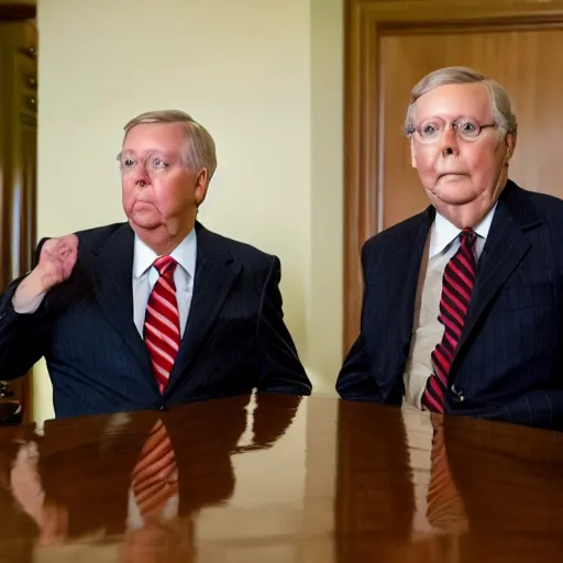 Prompt: lindsey graham and mitch mcconnell strung out on uppers and in search of a fix, hdr 4k photograph, ultrarealistic