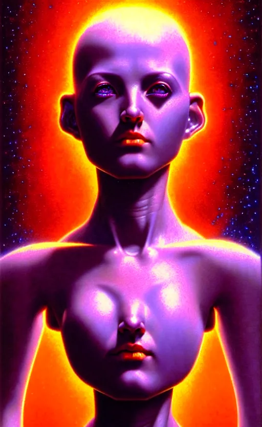 Prompt: holy young female combat robot, award winning, portrait bust, symmetry, faded lsd colors, galaxy background, tim hildebrandt, wayne barlowe, bruce pennington, donato giancola, larry elmore, masterpiece, trending on artstation, cinematic composition, beautiful lighting, hyper detailed!!!, 8 k, oil on canvas