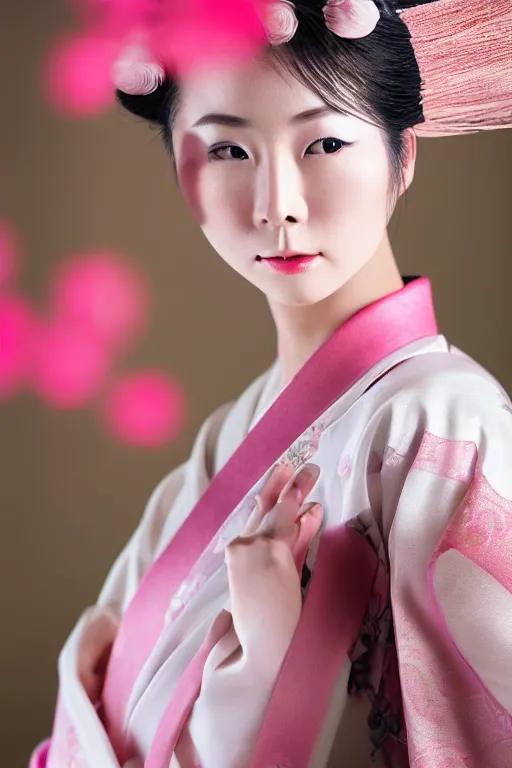 Image similar to portrait of a gorgeous japanese lady wearing kimono, pink zen style, photorealistic portrait, porcelain skin, smooth, 8 k, beautiful volumetric lighting
