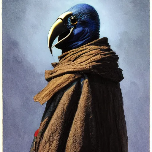 Prompt: indigo dyed akira armored kenku, artistically anthropomorphic black bird head. cloaked hood down, science fiction, portrait by donato giancola and greg rutkowski and wayne barlow. top all time r / imaginarycyberpunk.