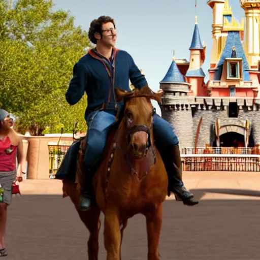 Image similar to andy samberg riding a horse in disneyland super realistic photo