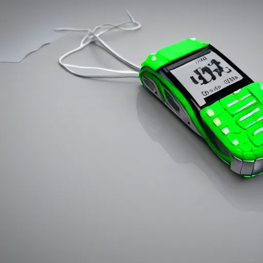 Image similar to an ultra high definition cycles 3D render of a floating chunky green transparent plastic mobile phone modelled after a walkie-talkie at an angle with an e-ink screen inspired by a g-shock watch. Emissive screen and indicator lights, bloom, volumetric shadows