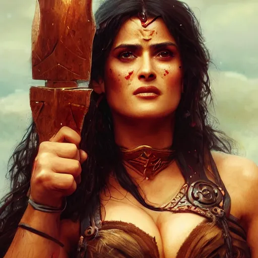 Image similar to salma hayek as a barbarian warrior, au naturel, hyper detailed, digital art, trending in artstation, cinematic lighting, studio quality, smooth render, unreal engine 5 rendered, octane rendered, art style by klimt and nixeu and ian sprigger and wlop and krenz cushart.