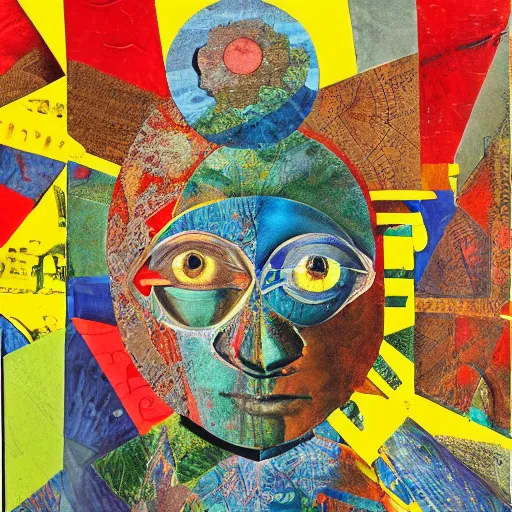 Prompt: a portrait made from a collage about ocularcentrism in visual culture by max ernst 1 9 8 6. bright vivid colors, collage art, papier colle, highly detailed, 4 k