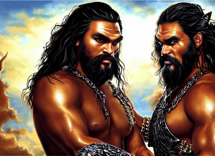 Image similar to jason momoa as khal drago with queen daenerys stormborn by anne stokes and larry elmore, detailed matte painting, realistic portrait, symmetrical, highly detailed, digital painting, artstation, concept art, smooth, sharp focus, illustration, cinematic lighting, 8 k resolution