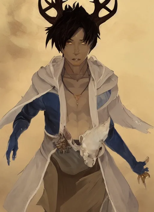 Image similar to concept art painting of an androgynous person with brown skin and short white hair, demon horns, deer makeup, full clothing, blue clothes, blue robes, detailed, cel shaded, in the style of ruan jia and artgerm and makoto shinkai and james gurney