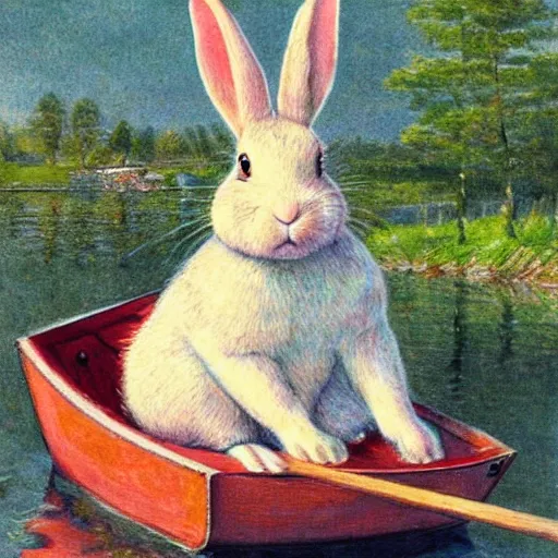 Image similar to a rabbit sitting in a rowboat on a calm river, in the style of carl larsson