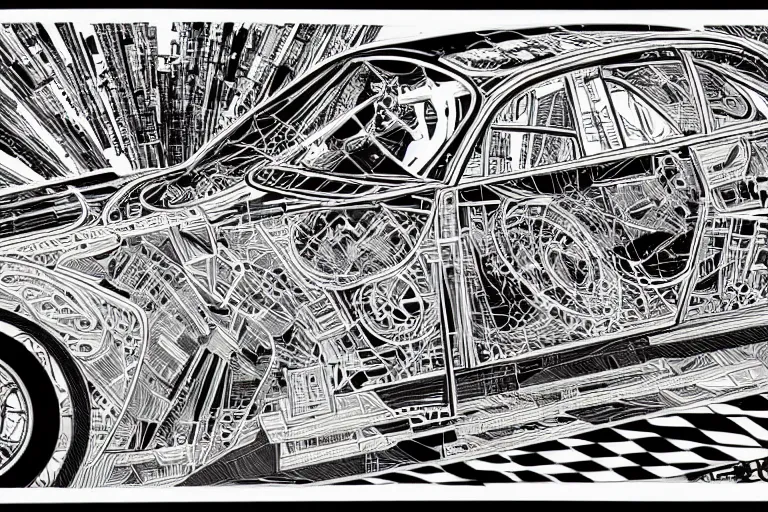 Image similar to a black and white drawing of a porsche 9 5 9 deconstructed schematic, a detailed mixed media collage by hiroki tsukuda and eduardo paolozzi and moebius, intricate linework, sketchbook psychedelic doodle comic drawing, geometric, street art, polycount, deconstructivism, matte drawing, academic art, constructivism