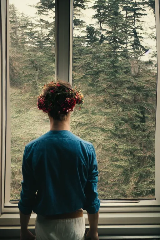 Prompt: kodak portra 1 6 0 photograph of a skinny guy standing in a spaceship, flower crown, back view, view of earth from window, moody lighting, moody vibe, telephoto, 9 0 s vibe, blurry background, tranquil, calm, faded!,