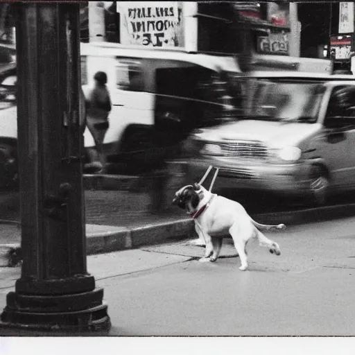 Prompt: Street photography of a dog licking an icecream, polaroid