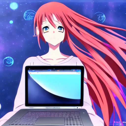 Image similar to anime girl with macbook pro, anime style, beautiful, sharp focus, extremely detailed