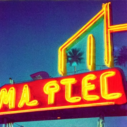 Prompt: a neon sign at a las vegas last stop motel in 1 9 6 6