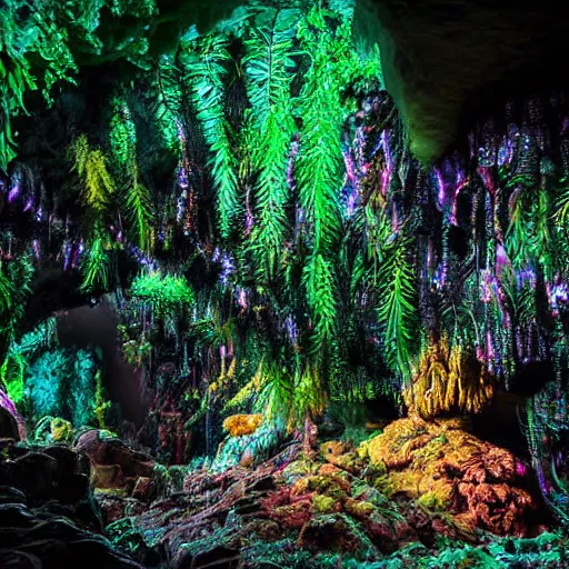 Prompt: highly detailed nature documentry photograph cave exploration full of neon crystals and alien plant life