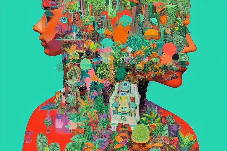 Image similar to gigantic girl faces, tiny robots, a lot of exotic vegetation around, risograph!, colorful flat surreal design, super - detailed, a lot of tiny details, fullshot, by luigi serafini