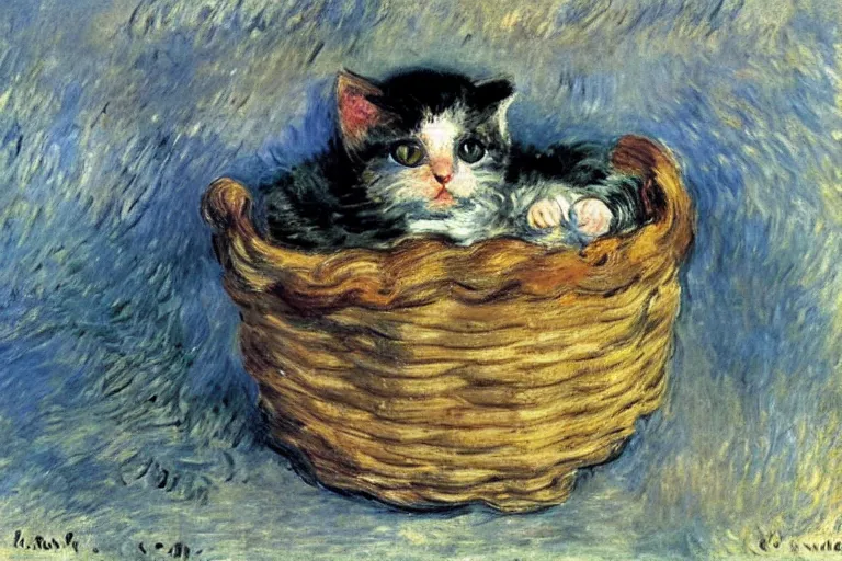 Image similar to a perishing cute kitten coiled up in a basket outside by a snowy day, snow everywere, snowy landscape, by Monet, Manet, Renoir