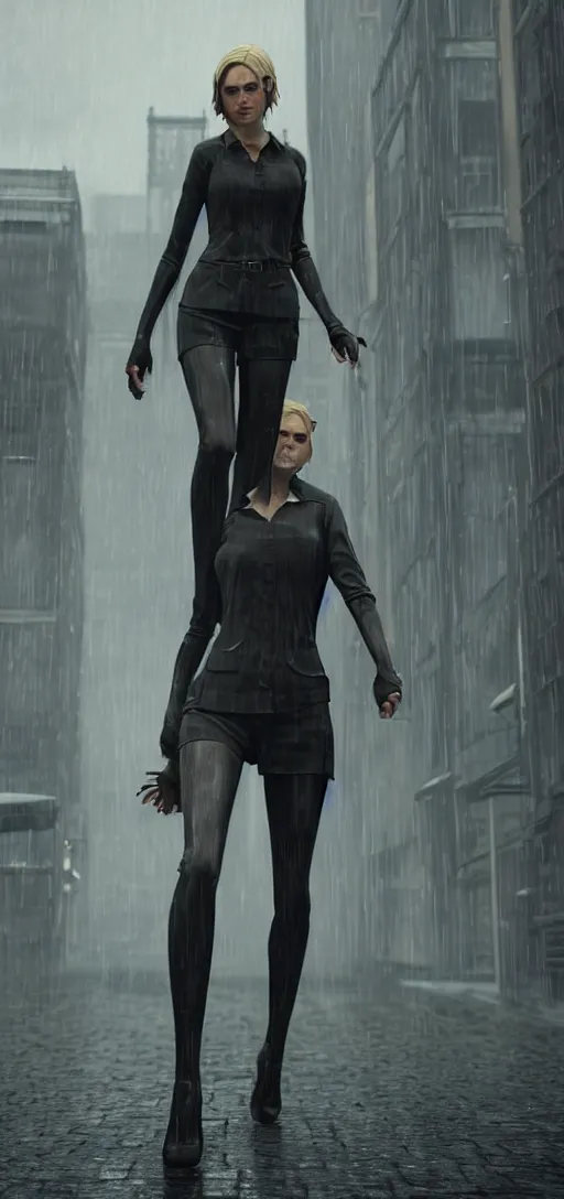 Image similar to beautiful annie leonhart running on high heels with open toe in dunwall city, redshift render, beautiful face, detailed face, cinematic lighting, rainy weather, melancholy atmosphere, volumetric light, octane render, dishonored 1, gothic architecture, realistic reflections, octane render 8 k, model women